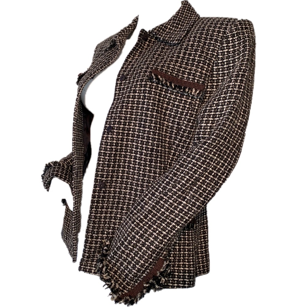 EUC Tahari brown tweed blazer raw fringe edges - Picture 2 of 8